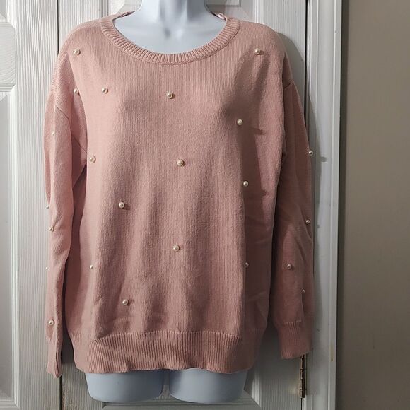St John's Bay pinkish blush sweater with faux pearl accents Sz L - Picture 1 of 4